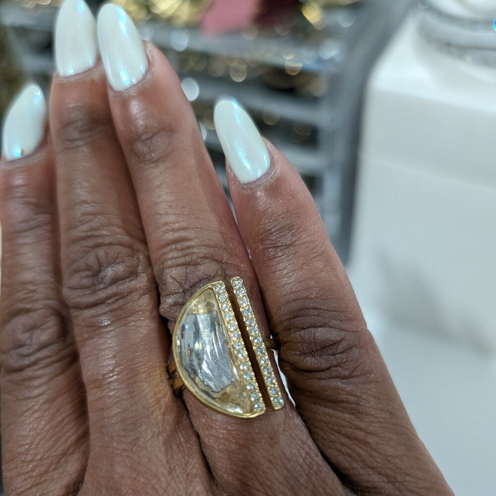 Swarovski Glow Yellow Gold-Plated Crystal Semicircle Ring, Size: 6.5-7